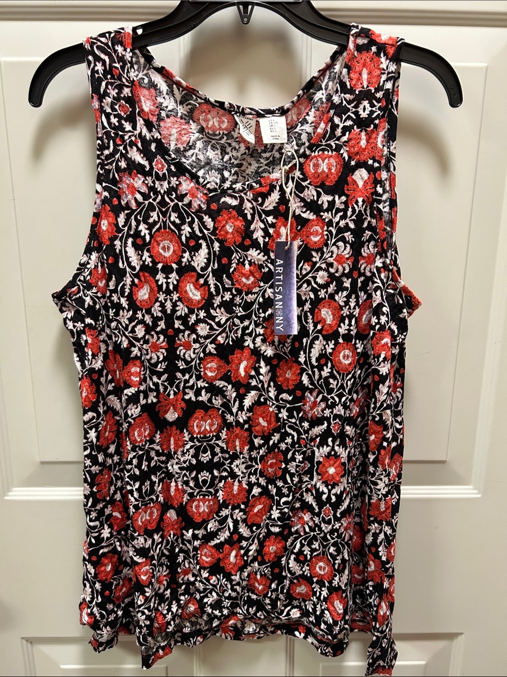 Artisan NY Black Tank Top with Red Floral Print